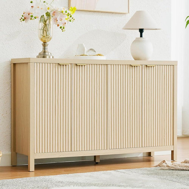 LINLUX Sideboard Buffet Cabinet with Storage, Fluted Storage Cabinet, Accent Cabinet with 4 Doors for Kitchen, Entryway, Dining Room, Living Room, Oak