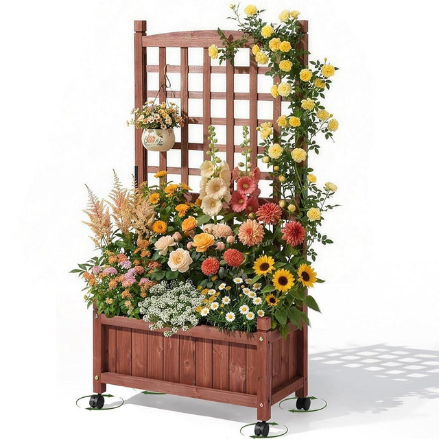 VINGLI Wooden Planter with Trellis, 50" Height Elevated Garden Beds Outdoor with Wheels, FreeStanding Planter Box with Drainage Holes for Flower, Vegetable, Fruit, Herb in Garden, Patio, Balcony (1)