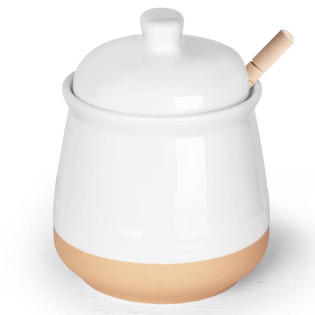 LEETOYI Honey jar with Lid and Wooden Dipper, 12 oz Ceramic Honey Container Dispenser for Home, Microwave & Dishwasher Safe, White