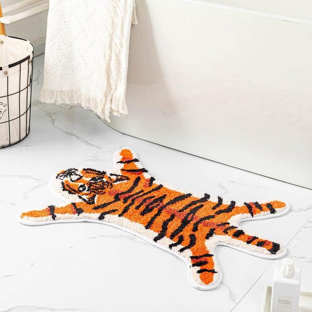Mibathni Orange Tiger Cute Bath Mat for Bathroom Fun Tiger Cartoon Bath Rugs for Kids Non Slip Animal Shaped Bathtub Mat Absorbent Bathroom Plush Shower Rugs Carpet Decor Washable
