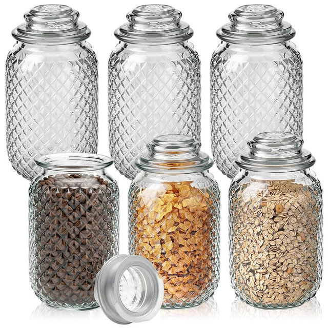 CimoroWin 6 Set Glass Storage Jars with Airtight Lids 41 oz Embossed | Clear Glass Canisters, Rubber Seal Lid, Embossed Design, Pantry Storage for Flour, Coffee, Sugar, Snacks, Dry Goods