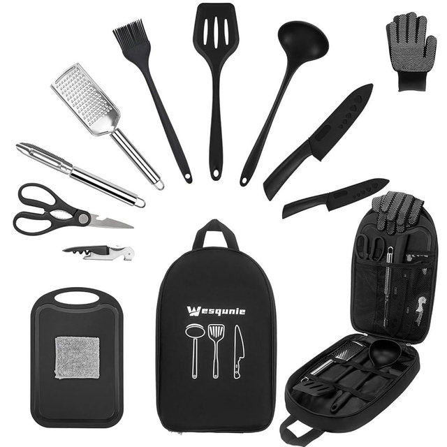 Wesqunie Camping Cooking Cookware Set - Portable Outdoor Kithcen Utensil Kit, Silicone RV Cook Supplies, Camper Gear Must Haves, Camping Essentials Accessories Equipment for RV Picnic Grill