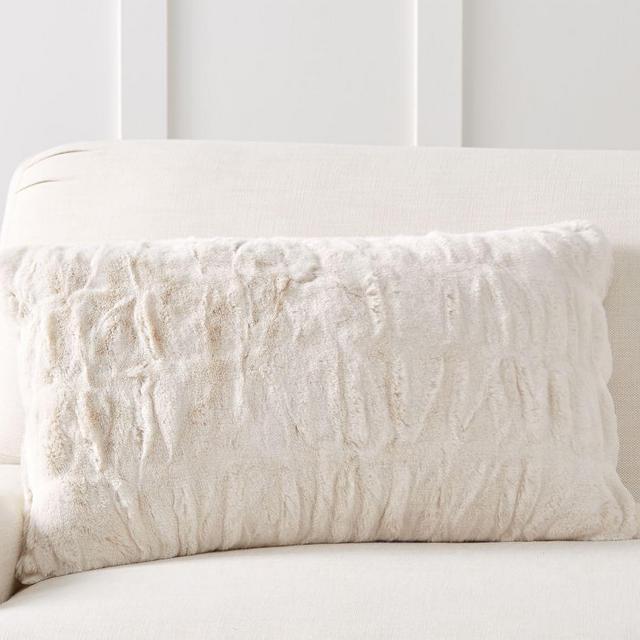 Faux Fur Ruched Lumbar Pillow Cover, 16 x 26", Ivory