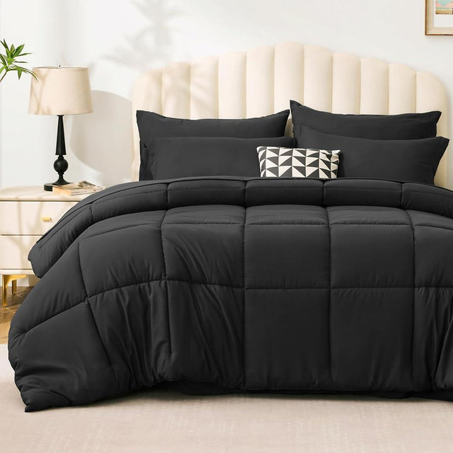 Love's cabin Queen Comforter Set Ash Black, 7 Pieces Queen Bed in a Bag, All Season Bedding Sets with 1 Comforter, 1 Flat Sheet, 1 Fitted Sheet, 2 Pillowcase and 2 Pillow Sham | Soft, Breathable, Lightweight, Comfortable