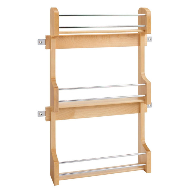 Rev-A-Shelf 18" 3 Tiered Pull Out Shelf Organizer for Kitchen Cabinets, Pantry Storage Spice Seasoning Rack, Door/ Wall Mounted, Maple Wood, 4SR-18