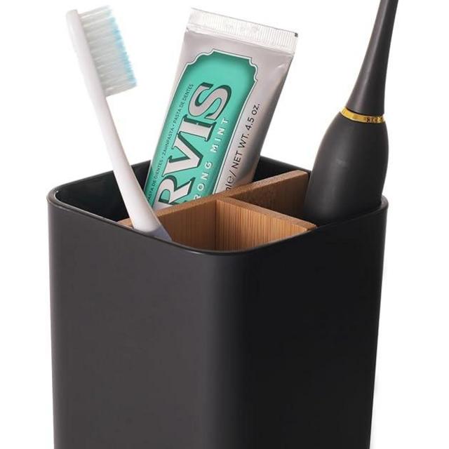 Famyards Toothbrush Holders for Bathrooms, 3 Slots Toothpaste Organizer with Bamboo Divider Bathroom Accessories Storage Electric Toothbrush Stand for Vanity Countertop, Black