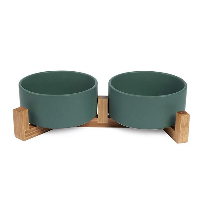 Ceramics Dog and Cat Bowl with Wood Stand Non-Slipped Bottom Food Water Feeder for Cat Medium Dog
