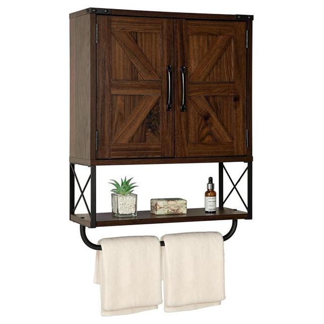 RUSTOWN Farmhouse Medicine Cabinet with 2 Barn Door,Wood Wall Mounted Storage Cabinet with Adjustable Shelf and Towel Bar, 3-Tier Bathroom Cabinet for Bathroom, Living Room(Dark Walnut, Medium)