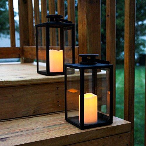 Vintage Decorative Candle Lantern - Black Metal & Glass Paneled Tabletop Lanterns, Flickering Bright LEDs, Indoor/Outdoor Use, Battery Operated, Garden Hanging Party Decor, Timer and Remote Included