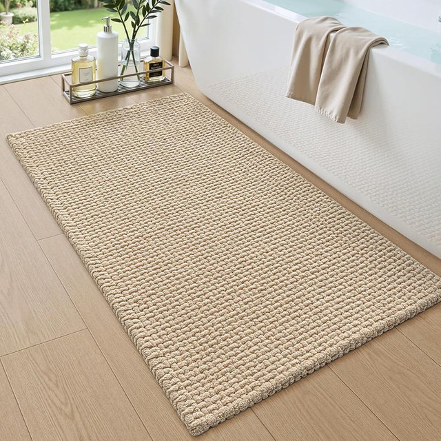 DEXI Bathroom Rugs 24x43, Non Slip Washable Bath Mat, Absorbent Chenille Bathmat, Ultra Soft Thick Carpet for Tub Shower Floor, Beige
