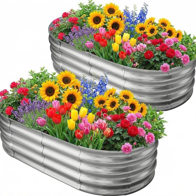 Eclaron Galvanized Raised Garden Bed for Outdoor: 4X2X1ft Durable Metal Vegetable Plant Container Kit - Oval Planter Box for Gardening Flower Trough （2 Pack）