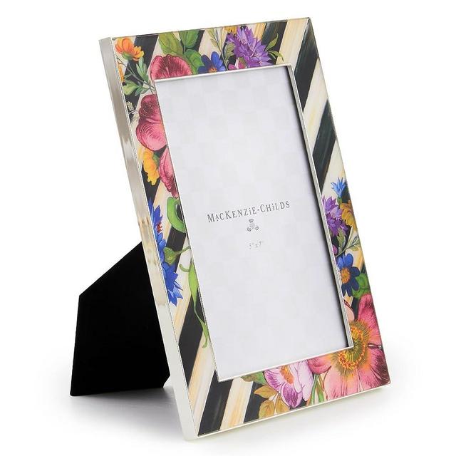 MACKENZIE-CHILDS Silver-Plated 5x7 Frame, Cute Rectangle Family Picture Frame, Courtly Stripe Flower Market