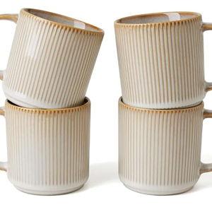 famiware Coffee Mug Set for 4, Star 12 oz Catering Mugs Cup Set with Handle for Coffee, Tea, Cocoa, Milk - Ceramic Stoneware Drinkware Set, Cappuccino White