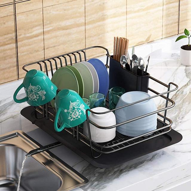 Dish Drying Rack, 1Easylife Dish Drainer for Kitchen Rustproof Dish Rack and Drainboard Set with Removable Utensil Holder and Adjustable Swivel Spout, Countertop or In Sink Dry Rack