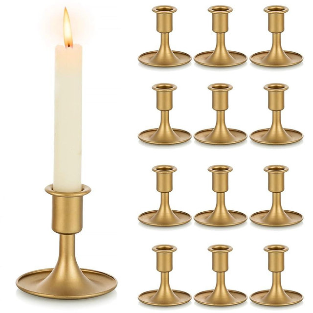 Gold Taper Candle Holder Set of 12, Hewory Short Skinny Brass Candlestick Holders, Vintage Small Low Metal Candles Sticks for Wedding Centerpieces Christmas Birthday Party Holiday Dinning Table Decor