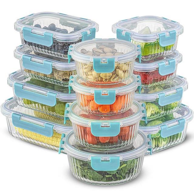 JoyJolt 24pc Fluted Glass Storage Containers with Lids. 12 Airtight, Freezer Safe Food Storage Containers, Pantry Kitchen Storage Containers, Glass Meal Prep Containers for Lunch