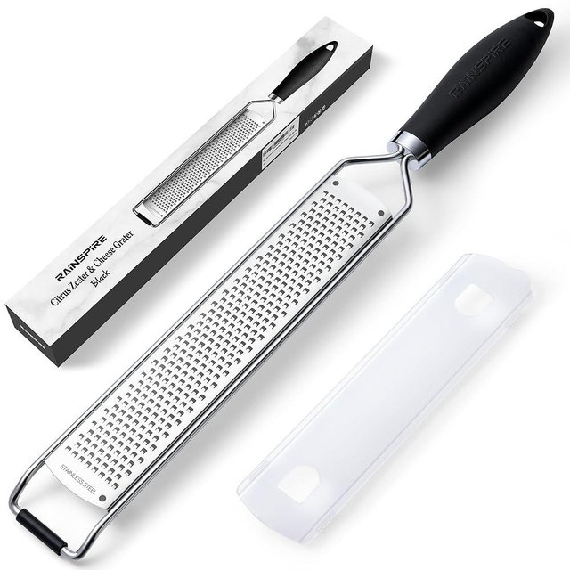 Rainspire Zester Grater with Handle, Lemon Zester Cheese Grater for Kitchen Stainless Steel, Parmesan Cheese Garlic Nutmeg Chocolate Fruits Vegetables Ginger Grater, Fine, Black