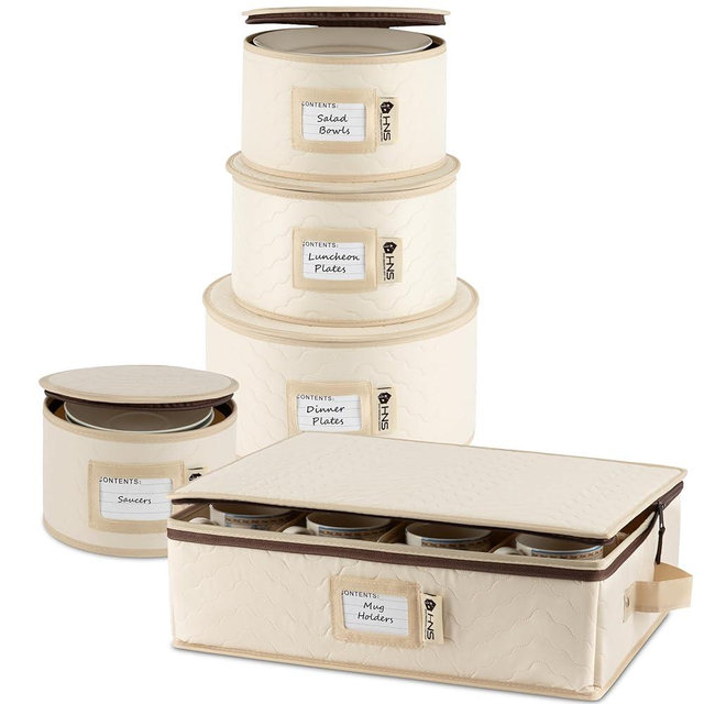 Hard Shell China Storage Containers 5-Piece Set Moving Boxes for Dinnerware, Glasses, Plates, Mugs and Saucers Sturdy Dish Organizer with Dividers for Seasonal Storage - Service for 12 - Beige Quilted