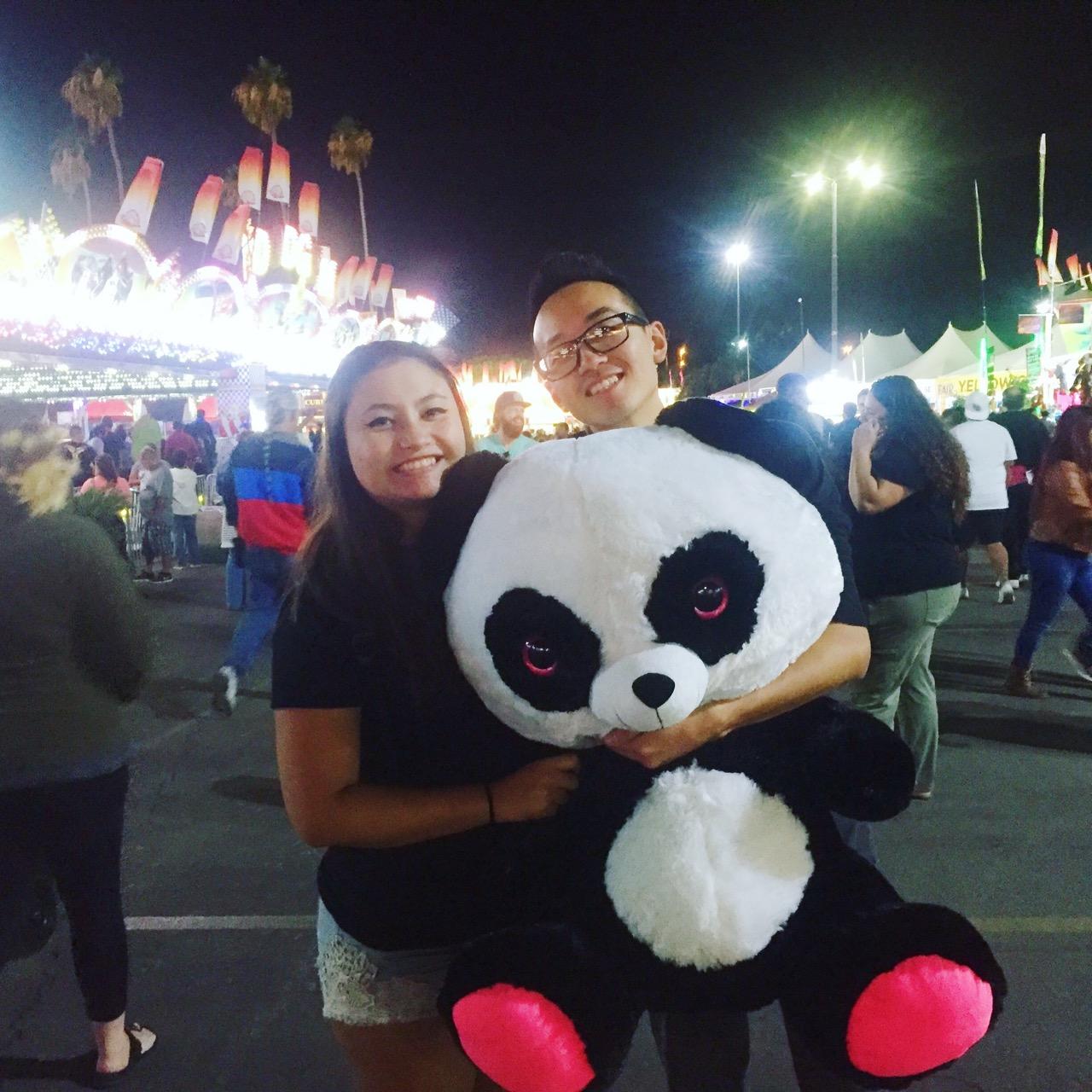 Jin went to the LA county fair with my family and I. He was very determined to win a large stuffed bear from the rigged basketball game. I was skeptical, but he ended up winning one for me!