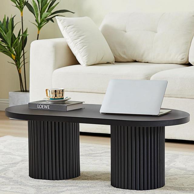 RUSTYER Oval Fluted Coffee Table, Farmhouse Wood Coffee Table Mid Century Modern Center Table Boho Living Room Tables for Living Room Office (Black, 19.69" D x 39.38" W x 13.78" H)