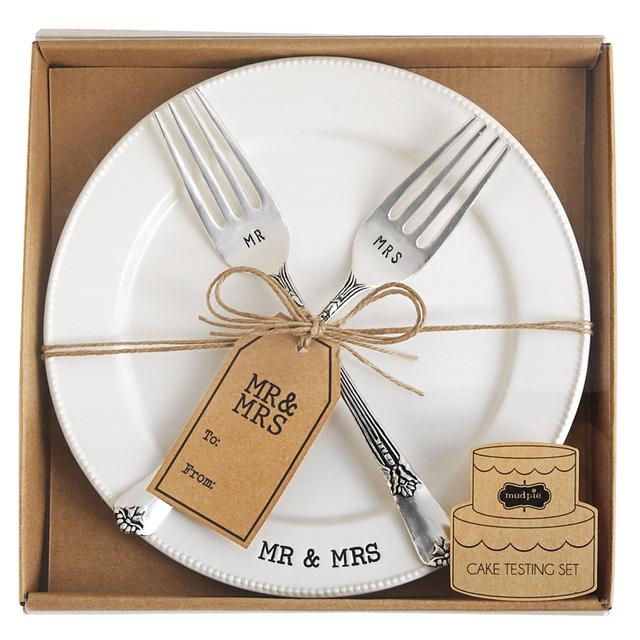 Mud Pie Mr. & Mrs. Plate & Fork Set, White