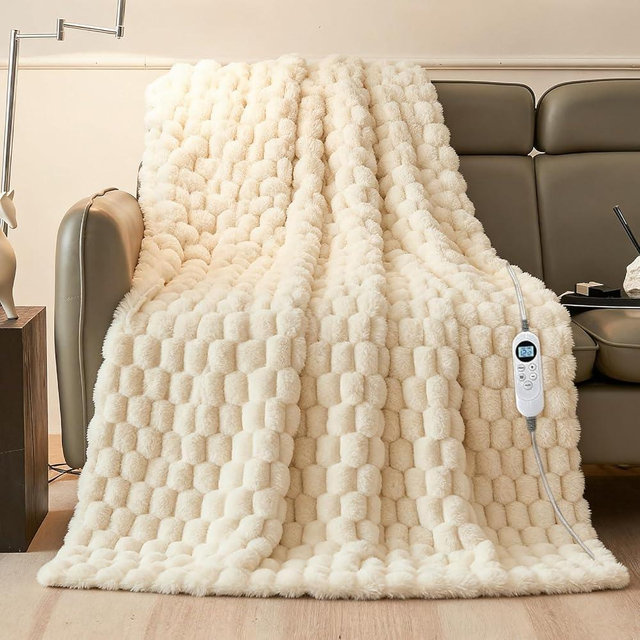 Eastsora Electric Heated Blanket Throw 50''x60'' – Soft Ribbed Faux Fur Fast Heating Blanket with 12 Heat Settings, 1–12H Timer Overheat Protection, ETL & FCC Certified Machine Washable (Milky White)