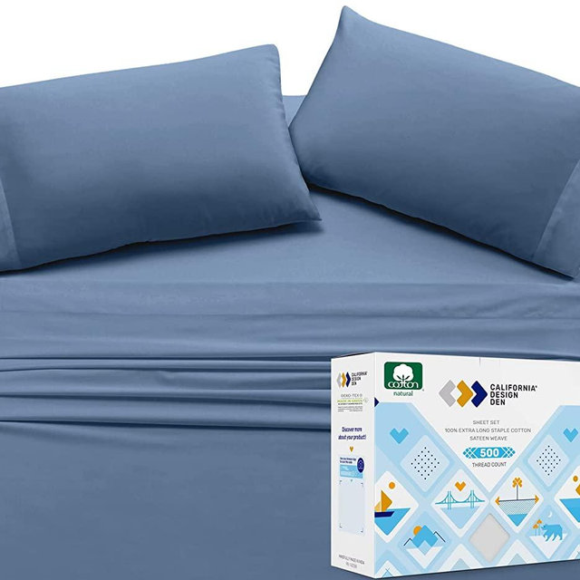 Luxury King Size Sheets - 4 Piece Fresh Navy Blue Sheet Set, 500 Thread Count Pure Cotton, Luxury Finish Sateen Weave Bedding, Deep Pocket Fits Mattress 16 Inches