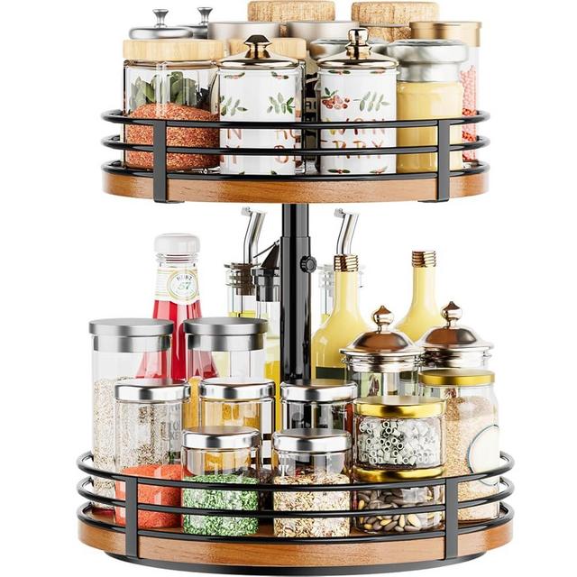 OVICAR Lazy Susan Turntable Organizer Adjustable - 2 Tier Wood Rotating Spice Rack 12 Inch Lazy Susan for Kitchen Countertop Cabinet Pantry Cupboard Dining Table Bathroom Coffee Bar Home Storage