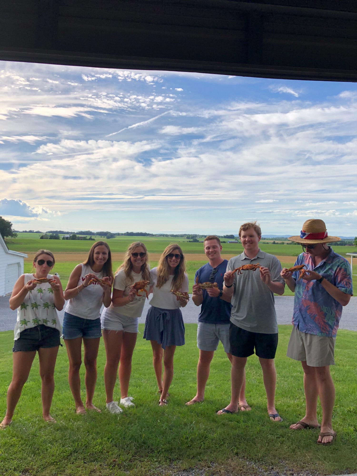 Enjoying a crab feast and friends on the Fletcher's family farm, 2018!