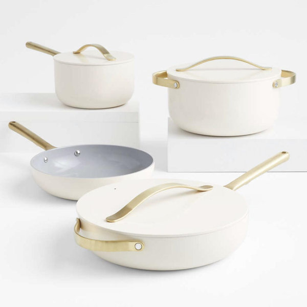 Caraway ® Cream 12-Piece Ceramic Non-Stick Cookware Set with Gold Hardware