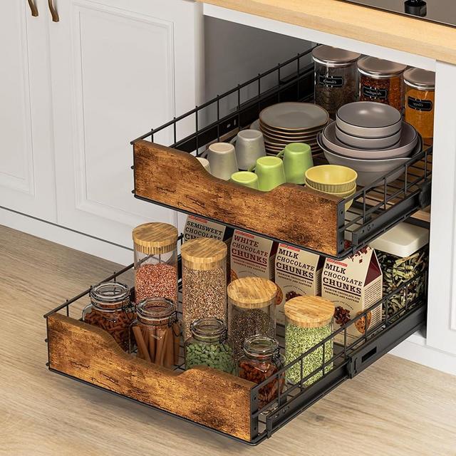 Uiithokyia Pull Out Cabinet Organizer, 15" W x 21" D - Heavy Duty Slide Out Pantry Shelves Vintage Wood Sliding Drawer Shelf for Pots and Pans Storage for Kitchen, Home