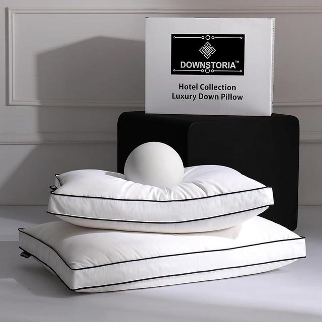 DOWNSTORIA Feather Down Pillows Queen Size Set of 2, Luxury Hotel Collection Bed Pillow 2 Pack, Down Surrounded Gusseted Pillows for Sleeping, Soft Fluffy for Side,Back Sleepers 20x30 in.