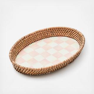 Rosy Check Enamel & Rattan Serving Tray