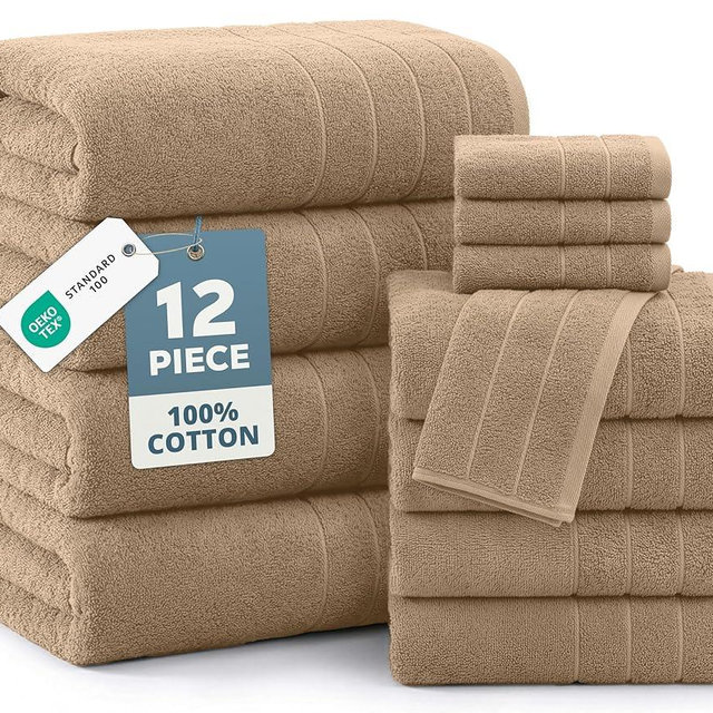 Casa Platino 12 Pcs Premium Cotton Towel Set - Soft, Absorbent & Perfect Family Set - 4 Bath, 4 Washcloths, 4 Hand Towels for Bathroom - Ideal for Home, Spa & Gym - Quality You Can Trust - Beige