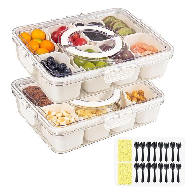 2 Pack Snackle Box Container with 8 Compartments, Clear Divided Serving Tray with Lid and Handle, Snack Bento Box for Charcuterie, Candy, Fruits, Nuts, Picnic, Travel, Beige