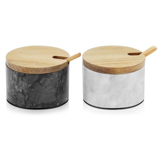 Flexzion Marble Salt Cellar with Lid & Spoon - Salt and Pepper Bowls Dish Container with Anti-Slip Pad - Marble Pepper Jar Storage Box Holder for Paprika, Herbs, Jewelry (Set of 2, Black & White)