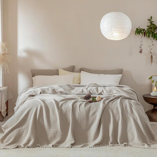 XINJU Muslin Fringe Blanket for Adults 100% Cotton 4-Layer Gauze Cloud Soft Breathable Lightweight All Season Throw Blanket for Bed Couch Sofa Office (Beige Gray, King 104" × 90")