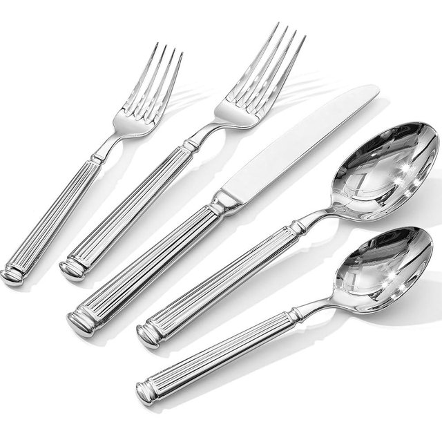 KINGSTONE Silverware Set, 18/10 Stainless Steel Flatware Set - Roman Column Embossed Thick Handle, for Wedding, Home, Restaurant, Camping and Party, Mirror Polish & Dishwasher Safe (5-Piece)