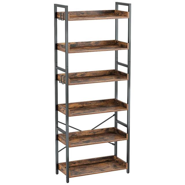Rolanstar 6 Tier Bookshelf, Industrial Wood Bookcase with 4 Hooks, Vintage Storage Rack with Open Shelves, Rustic Standing Bookshelves Metal Frame Display Rack for Living Room,Bedroom, Rustic Brown