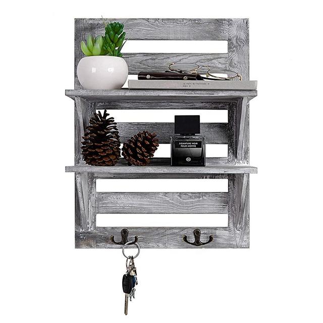 VERGOODR Rustic Wooden Wall Mounted Organizer Shelves with 2 Hooks, 2-Tier Storage Rack, Decorative Wall Shelf Organizer,Kitchen,Bathroom,livingroom Farmhouse Rustic Décor,Grey (Grayish White)