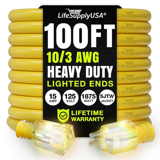100ft Outdoor/Indoor Extension Cord 10/3 Gauge Ultra Heavy Duty 3 Prong SJTW, Waterproof, Flexible Cold-Resistant Long Power Cord,15A 125V 1875W, Yellow by LifeSupplyUSA
