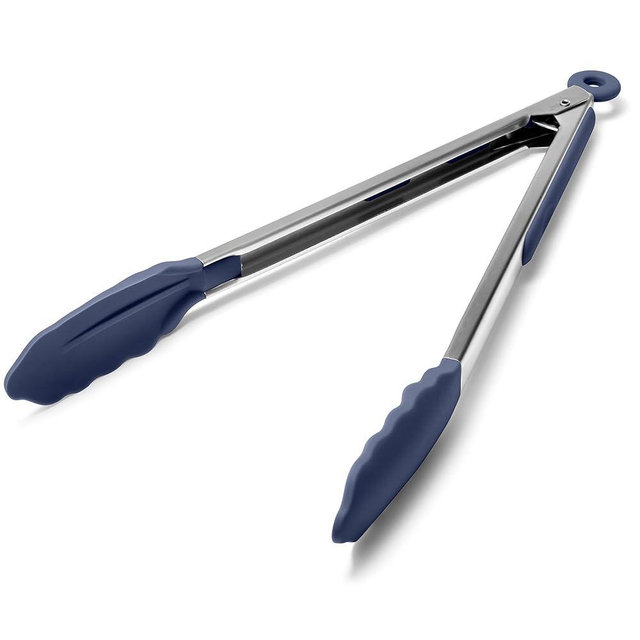 Doosu Kitchen Tongs for Cooking - 600°F Heat Resistant Food Tong with Non-Scratch Silicone Tips, Heavy Duty Stainless Steel Locking Tong for BBQ, Grilling Steak, Serving Salad Pasta (12in, Navy Blue)