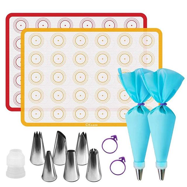 Silicone Baking Mats Kit, Baking Set of 2 Half Sheet Silicone Baking Mats, 6 Piping Tip, 2 Piping Bag and 2 Bag Tie - Reusable Nonstick Liners for Baking Pans and Cookie Sheets(16"x11.8")