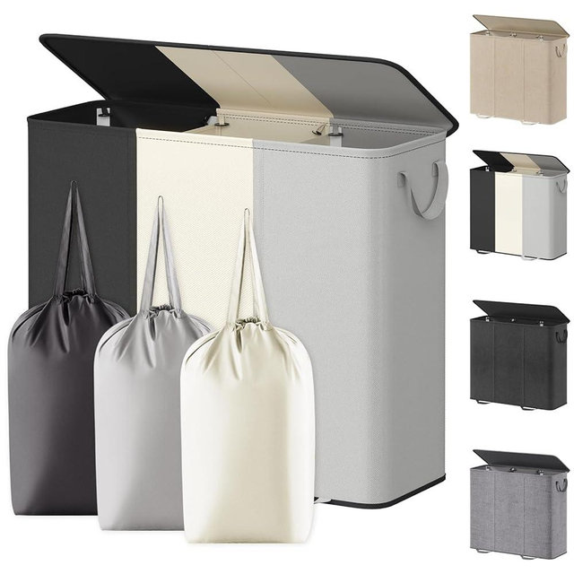 Lifewit Triple Laundry Hamper with Lid and Removable Laundry Bags, Large Collapsible 3 Dividers Dirty Clothes Basket with Handles for Bedroom Laundry Room Closet Bathroom College,185L Black&White&Gray