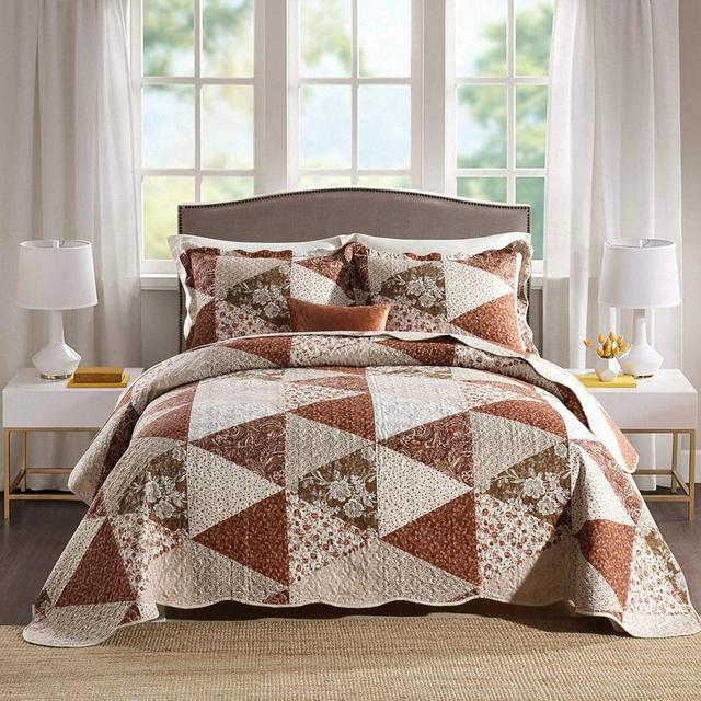 HoneiLife Quilt Set King Size - 3 Piece Microfiber Quilts Reversible Bedspreads Patchwork Coverlets Floral Bedding Set All Season Quilts with Triangle and Floral Print Pattern