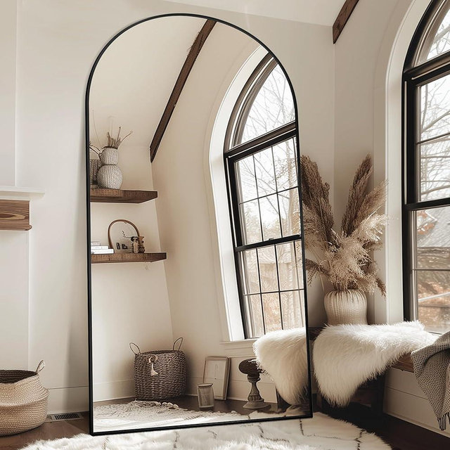 Antok Full Length Mirror, 91"x46" Oversized Floor Mirror Freestanding, Full Body Floor Standing Mirror with Stand, Hanging Mounted for Living Room Cloakroom,Black,Arched Style