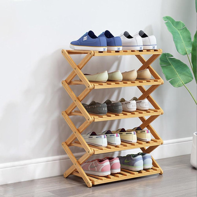 Glsety 5 Tier Bamboo Shoe Rack,Portable Folding Shoe Storage Rack,Without Installation Small Shoe Rack Perfect for Corridors, Bedrooms and Small Spaces (5 Tier)