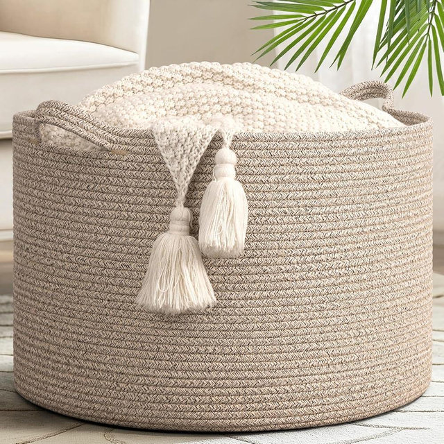 Goodpick 65L Blanket Basket, 19.7"x12.6" Cotton Rope Blanket Basket Living Room, Toy Organizers and Storage with Handles for Kids