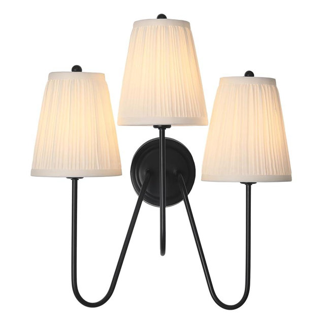 Electro bp; Elegant Triple Sconce Black Curved Metal Arm with Warm White Pleated Fabric Lamp Shades Brocade Cover Wall Light Fixture,E12,3 Sockets,120W,Hardwired;