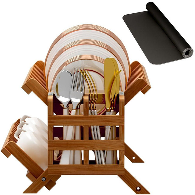 Greenual Teak Dish Drying Rack with Utensil Holder, 2 Tier Collapsible Dish Rack, Wooden Dish Racks for Kitchen Counter, Folding Drying Holder with Absorbent Dish Drying Mat